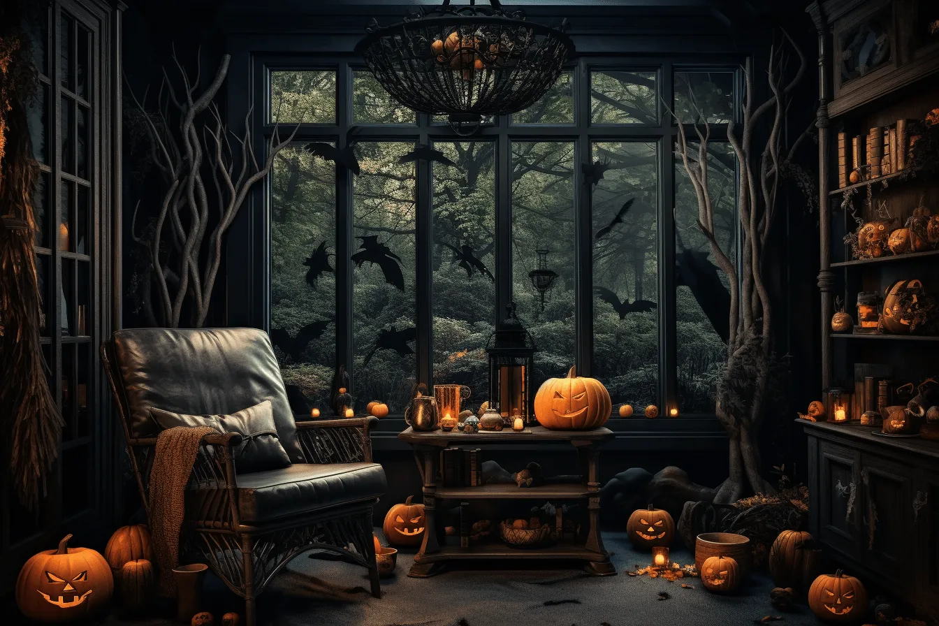 Halloween room with pumpkins and an empty chair, dark and intricate, nature-inspired, uhd image, yankeecore, cabincore, dark gray, tenebrism-inspired