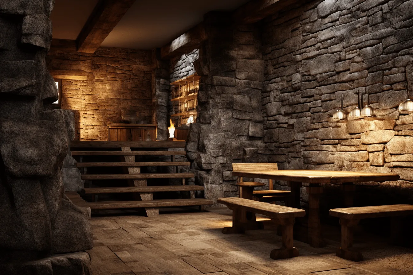 Stone wall, unreal engine, lively tavern scenes, unreal engine 5, confessional, uhd image, casts of spaces, sparse and simple