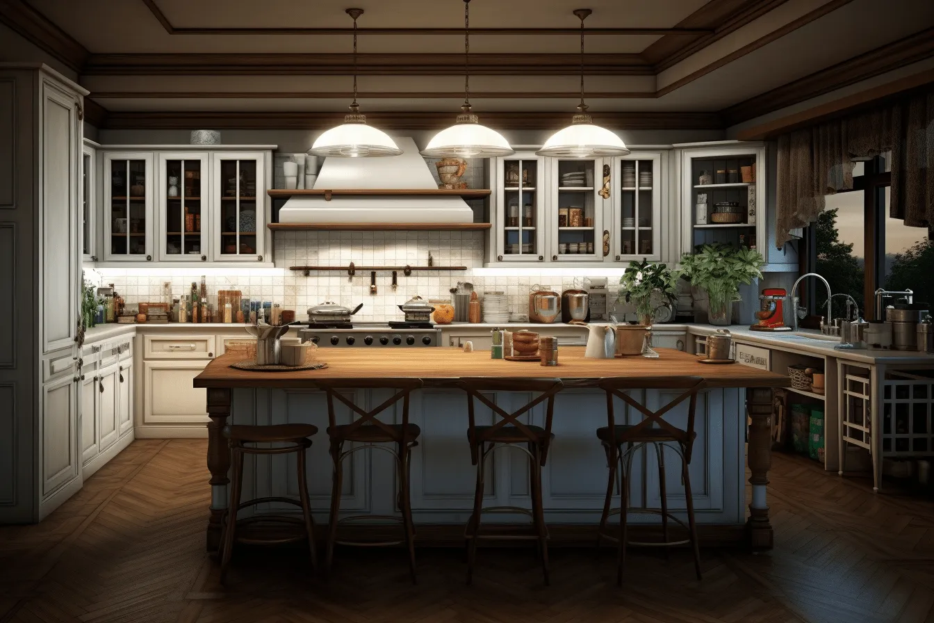 Kitchen with a huge island and wood cabinets, realistic portrayal of light and shadow, 32k uhd, vintage americana, eerily realistic, layered translucency, realistic hyper-detailed rendering, dark white and amber