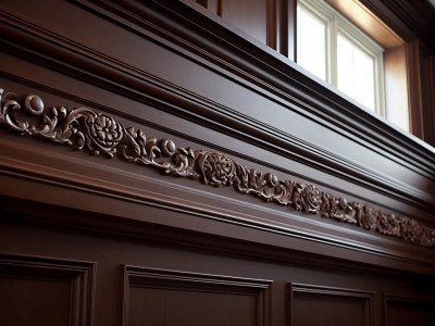 Decorative Crown Molding In A Dark Brown Carved Wood Door