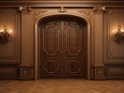 Decorative Wooden Door With Gold Lighting And Arches