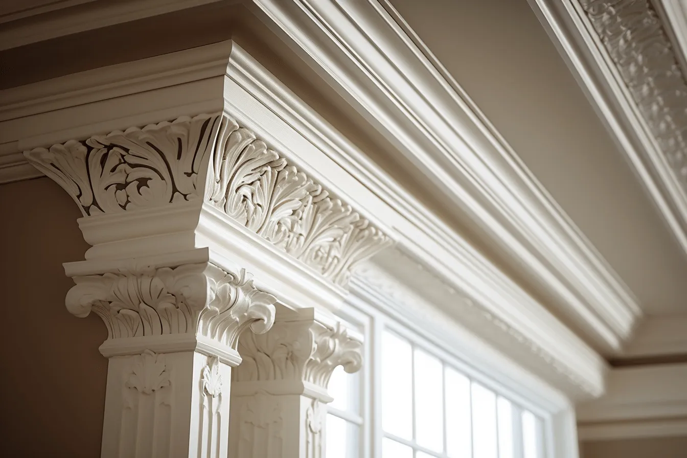 Decorative columns for a room, shallow depth of field, hyper-realistic details, revived historic art forms, backlight, classical revival, blown-off-roof perspective, intricately textured