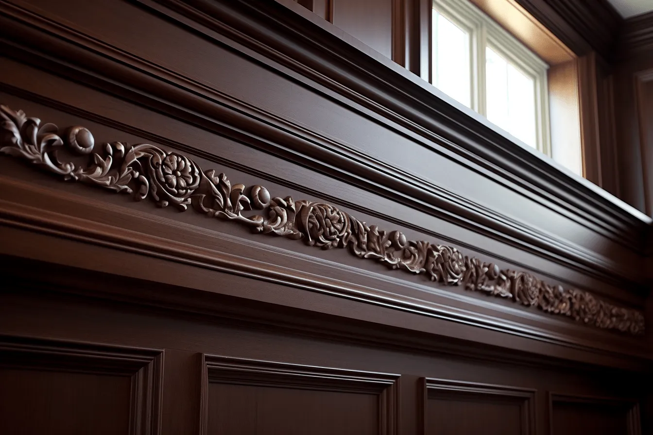 Wood staircase railing carved decorations, hyper-realistic details, 19th century american art, focus on materials, intricate ceiling designs, panel composition mastery, dark brown, uhd image