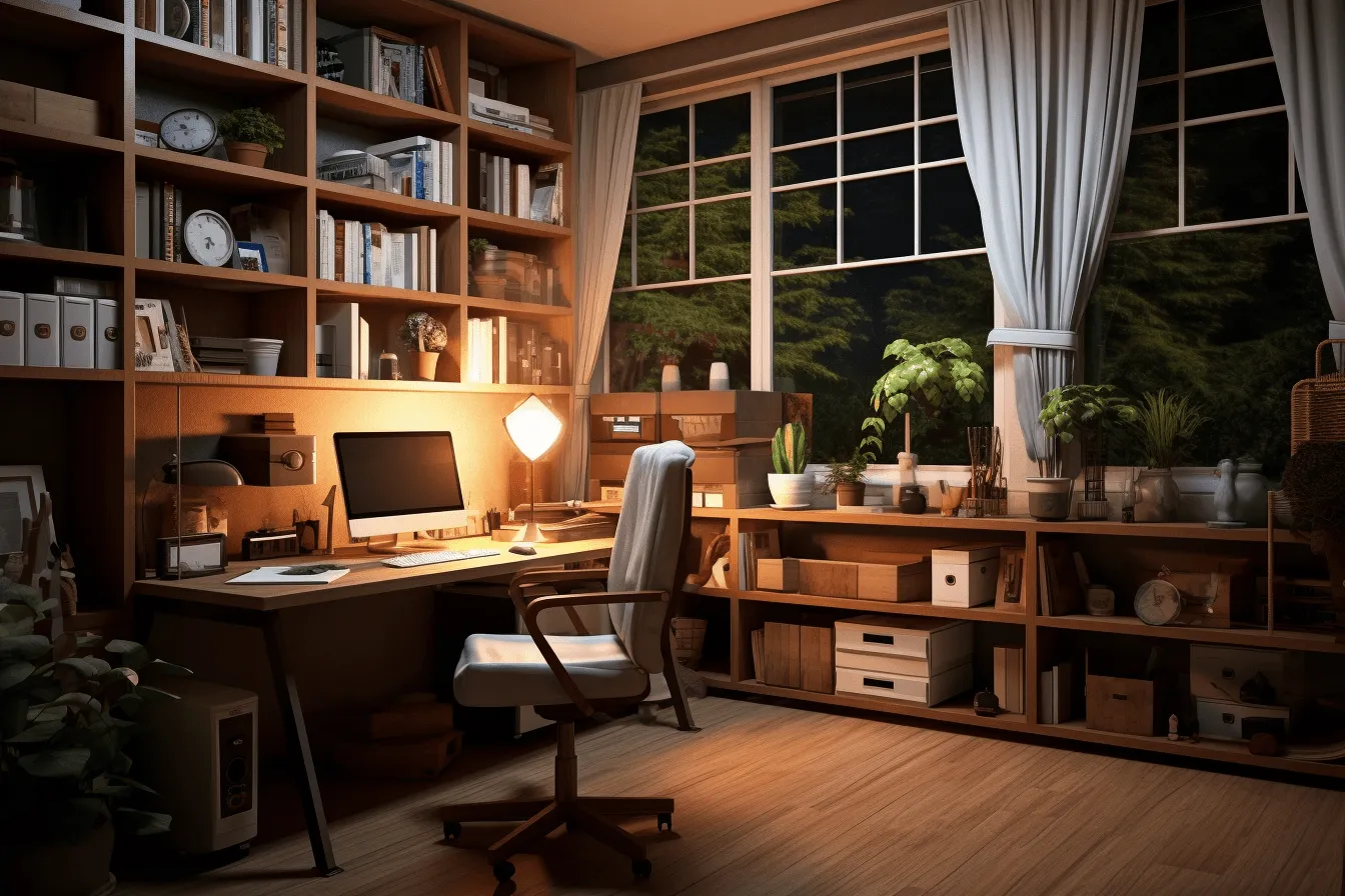 Computer in an office with chairs and plants, realistic chiaroscuro lighting, cottagecore, realistic hyper-detailed rendering, secluded settings, storybook-like, warm tones, landscape-focused