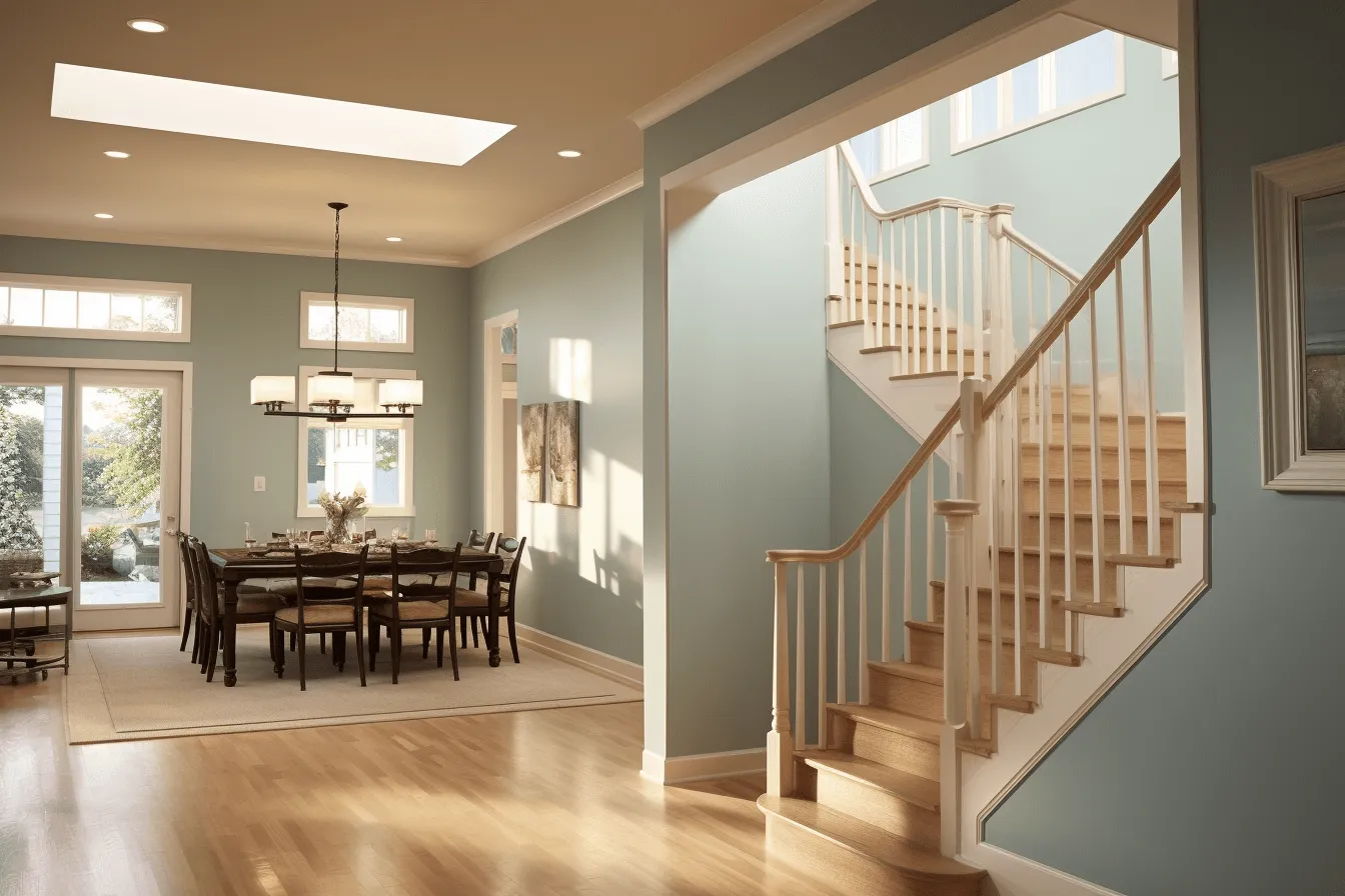 Stairway is made of dark brown wood, light sky-blue and light amber, tonalist color scheme, italianate flair, lifelike renderings, light indigo and gray, harsh lighting, precisionist lines