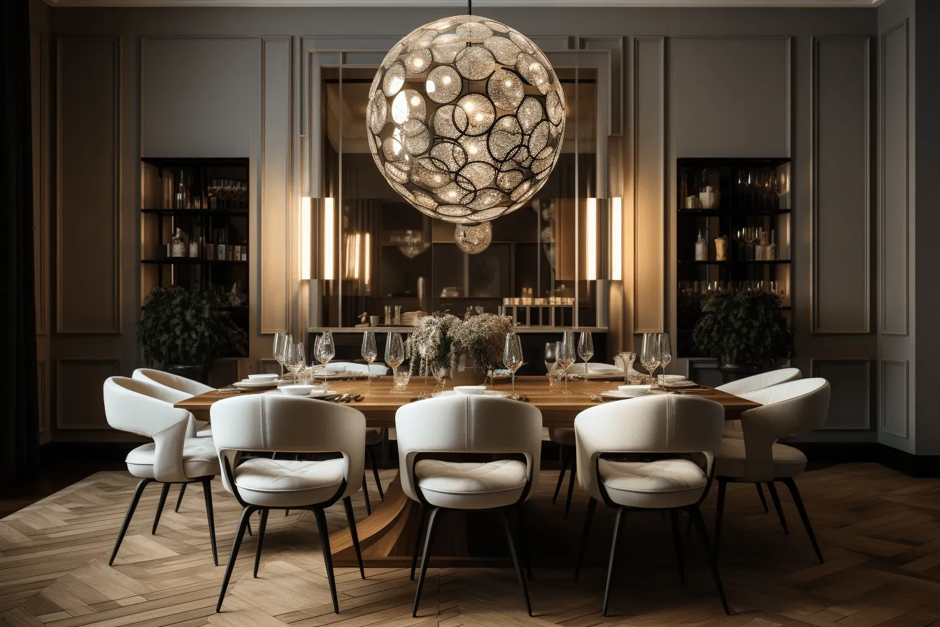 Round chandelier hangs above the dining room table, vray tracing, luxurious textures, spherical sculptures, rendered in cinema4d, dark white and beige, exquisite lighting, post-war french design