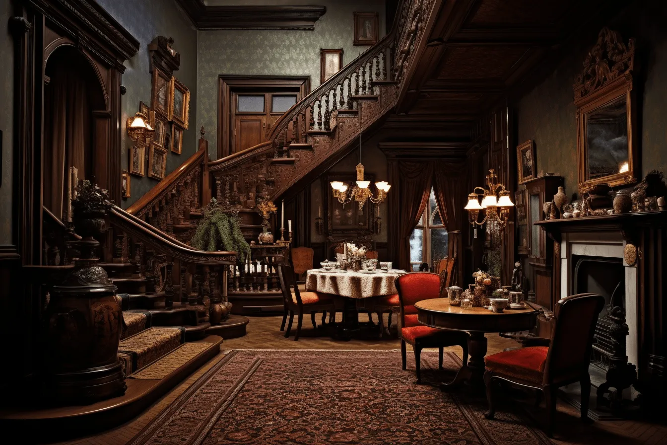 Interior with furniture and some stairs, victorian gothic, extravagant table settings, schlieren photography, eerily realistic, 8k resolution, manapunk, meticulously detailed