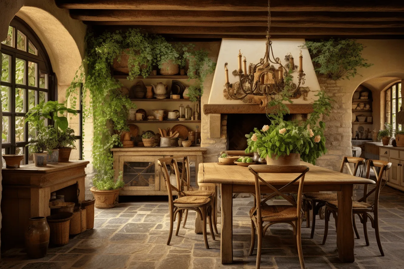 Dining room with lots of plants, french countryside, masonry construction, vignetting, uhd image, villagecore, texture-rich, cabincore
