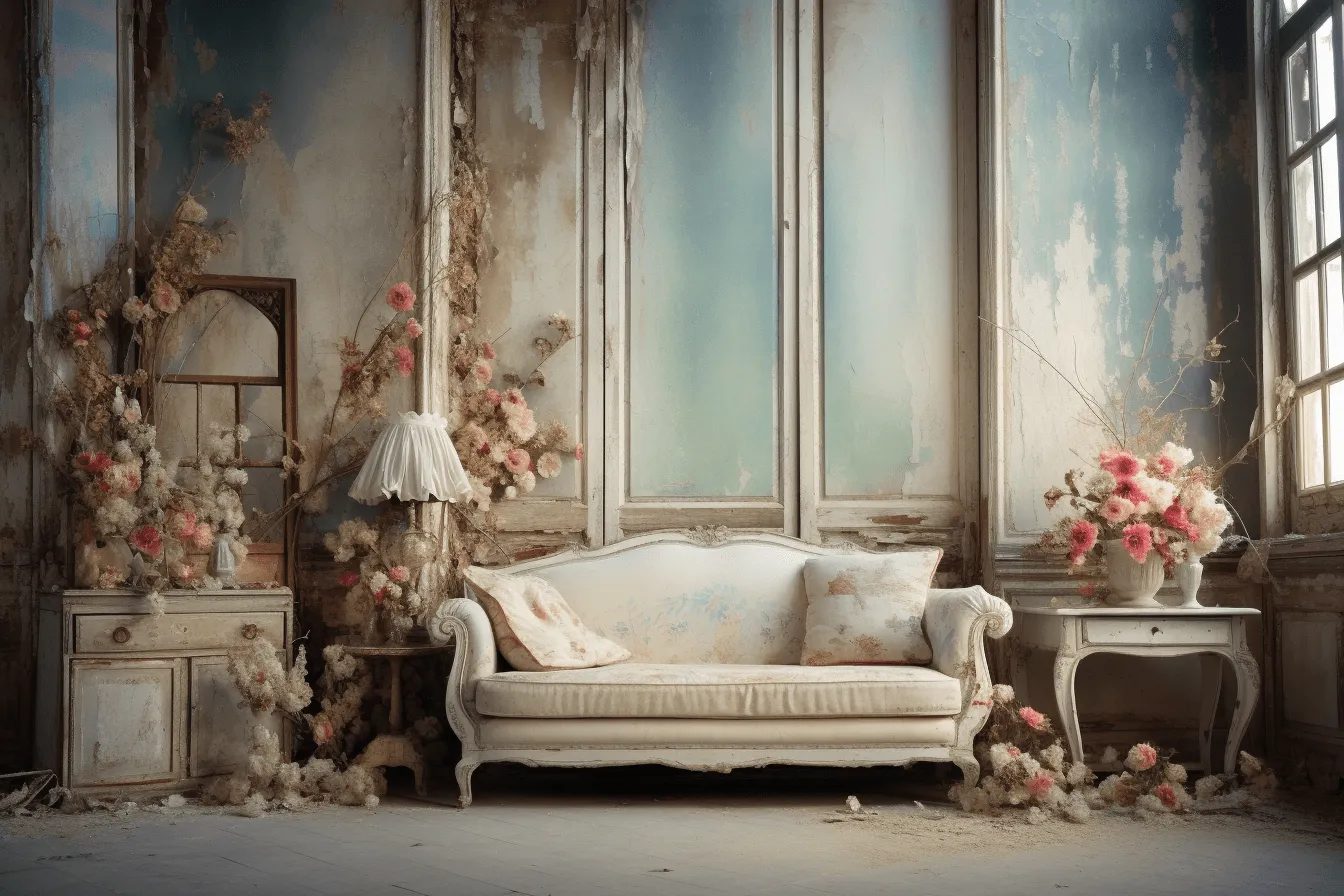 I love when a room looks old and worn, with furniture and a sofa and table, soft focus romanticism, floral surrealism, beige and azure, post-apocalyptic backdrops, uhd image, exquisite detailing, frayed
