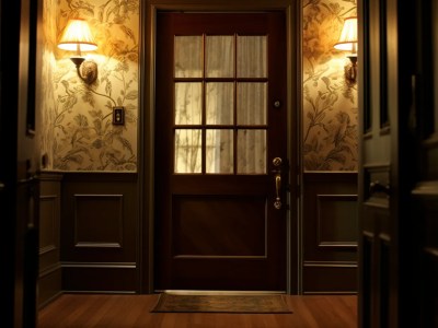 Doorway Is Light Up With Two Lights And Wood Panels
