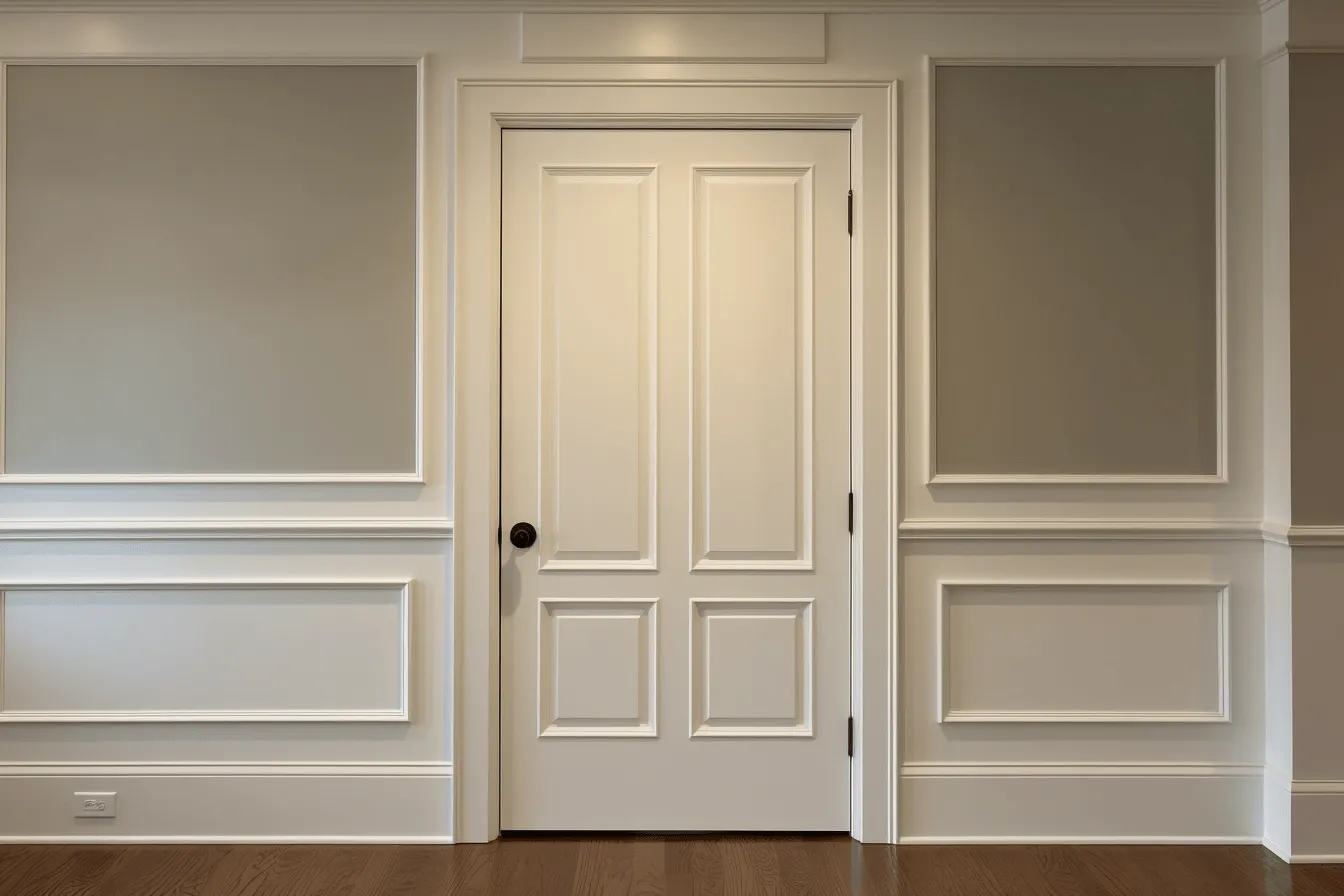 Wooden door in a room, elegant outlines, classic elegance, 8k resolution, american barbizon school, dark white, serene simplicity, bold traditional