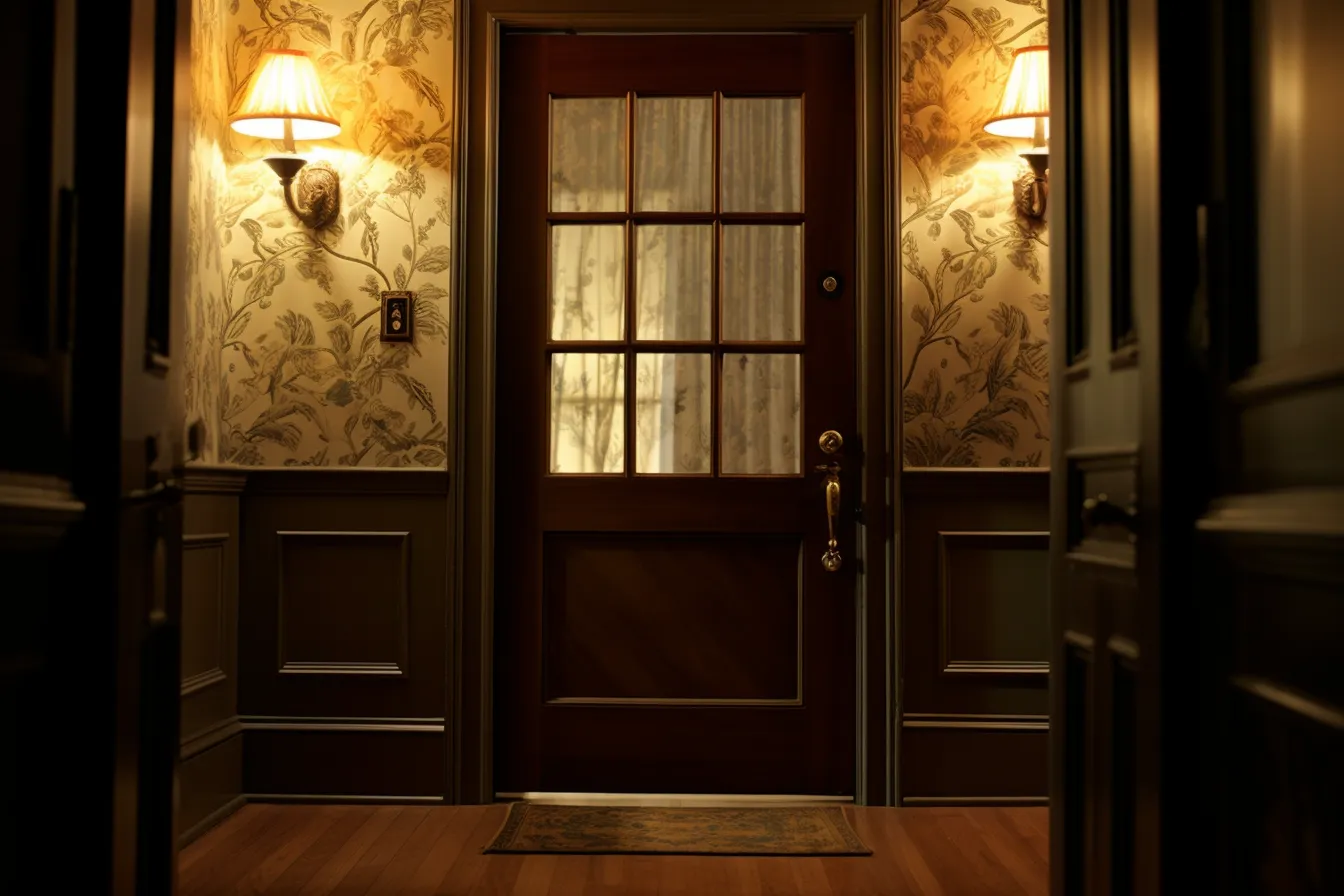 Door is brown, enchanting lighting, wallpaper, american tonalist, film noir aesthetic, manapunk, suburban gothic, indoor still life
