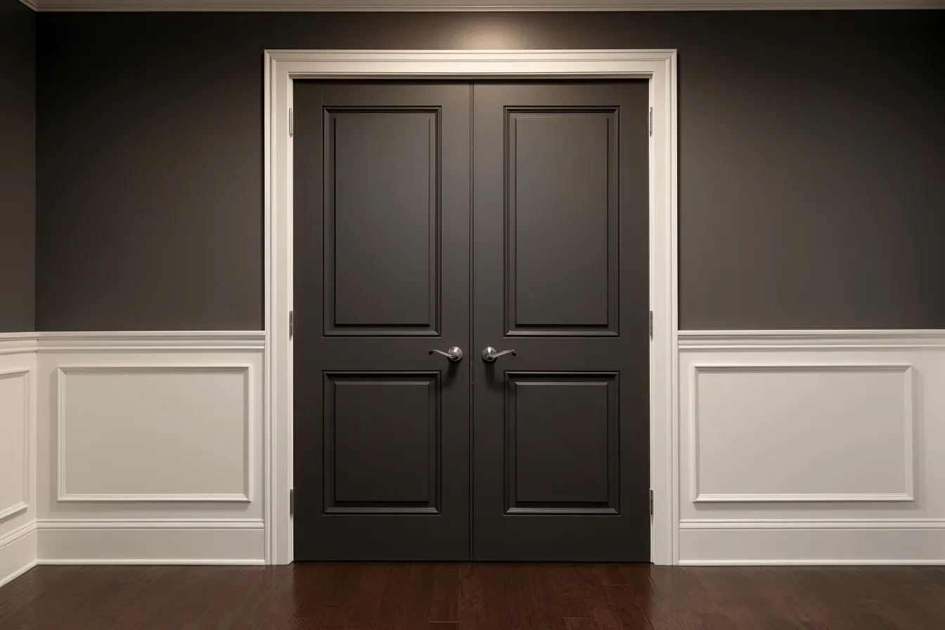 Black door on the right meets the floors and wall next to the door in the room, realistic, detailed rendering, classical symmetry, dark gray and dark brown, traditional craftsmanship, hard edge painting, matte background, white and gray