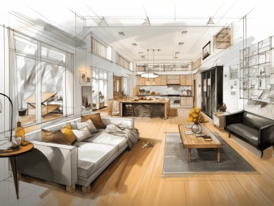 Drawing And Sketching Of A Modern Interior, With A Living Room And A Kitchen