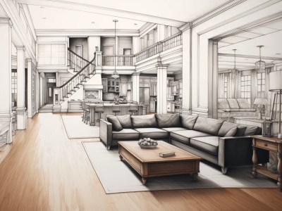 Drawn Interiors Of A Large Living Room