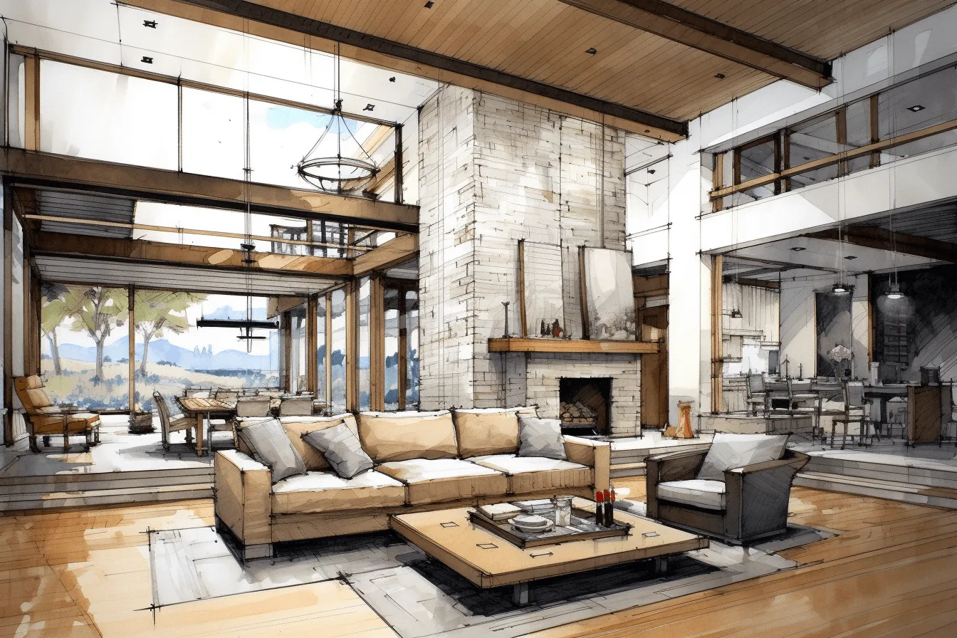Drawing of an open living room, rustic materiality, realistic hyper-detailed rendering, octane render, weathercore, aluminum, watercolors, adventure themed