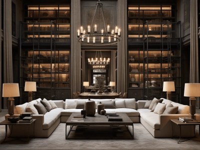 Elegant Library With A Large Sofa And Lamps