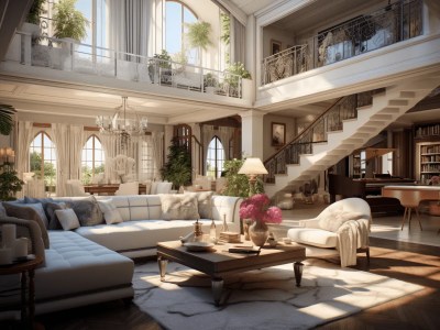 Elegant Living Room With A Staircase And A Chandelier