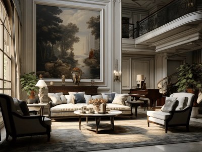 Elegant Living Room With High Ceilings And Artwork