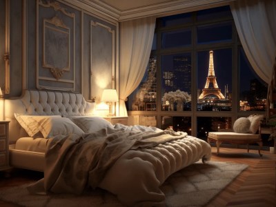 Elegantly Furnished Bedroom With Eiffel Tower As A Background