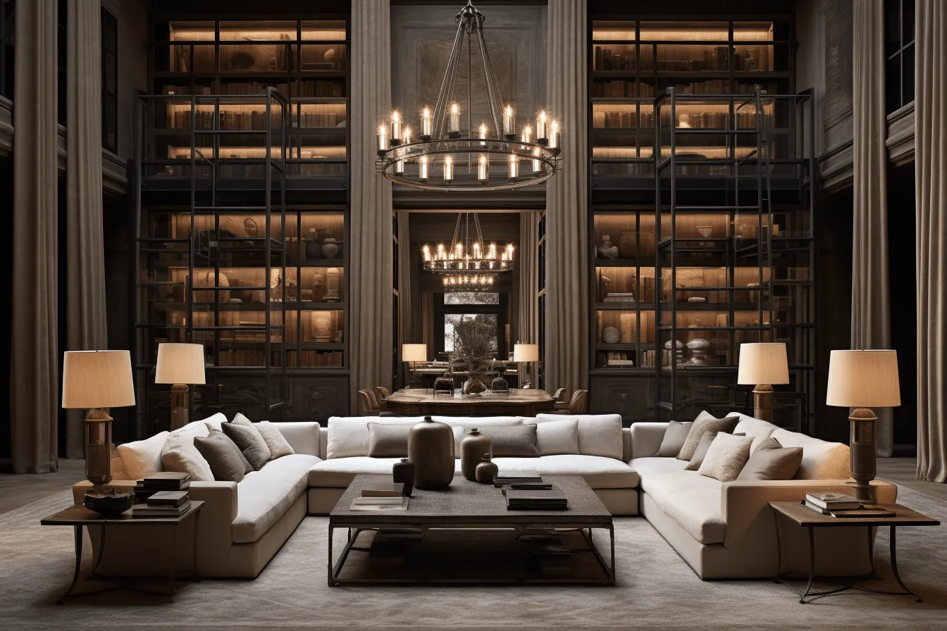 Elegant library with a large sofa and lamps, industrial texture, neoclassical clarity, subtle lighting, multilayered dimensions, dark white and light bronze, symmetry and repetition, luxurious