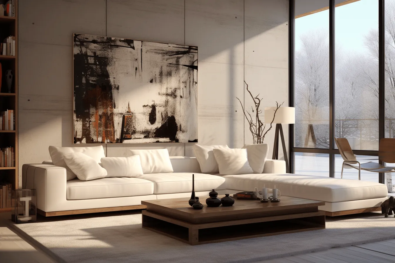 Picture is on a large wall,, vray, domestic interiors, atmospheric mood, uhd image, white and amber, monochromatic expressionism, zen-inspired