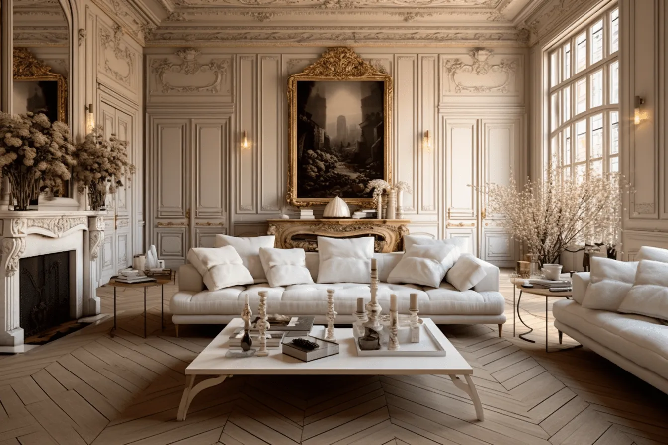 Parisian style rococo interior art, interior design and interior design, rendered in cinema4d, light beige and amber, uhd image, whitewashed narratives, vray tracing, bold black and whites, rich and immersive
