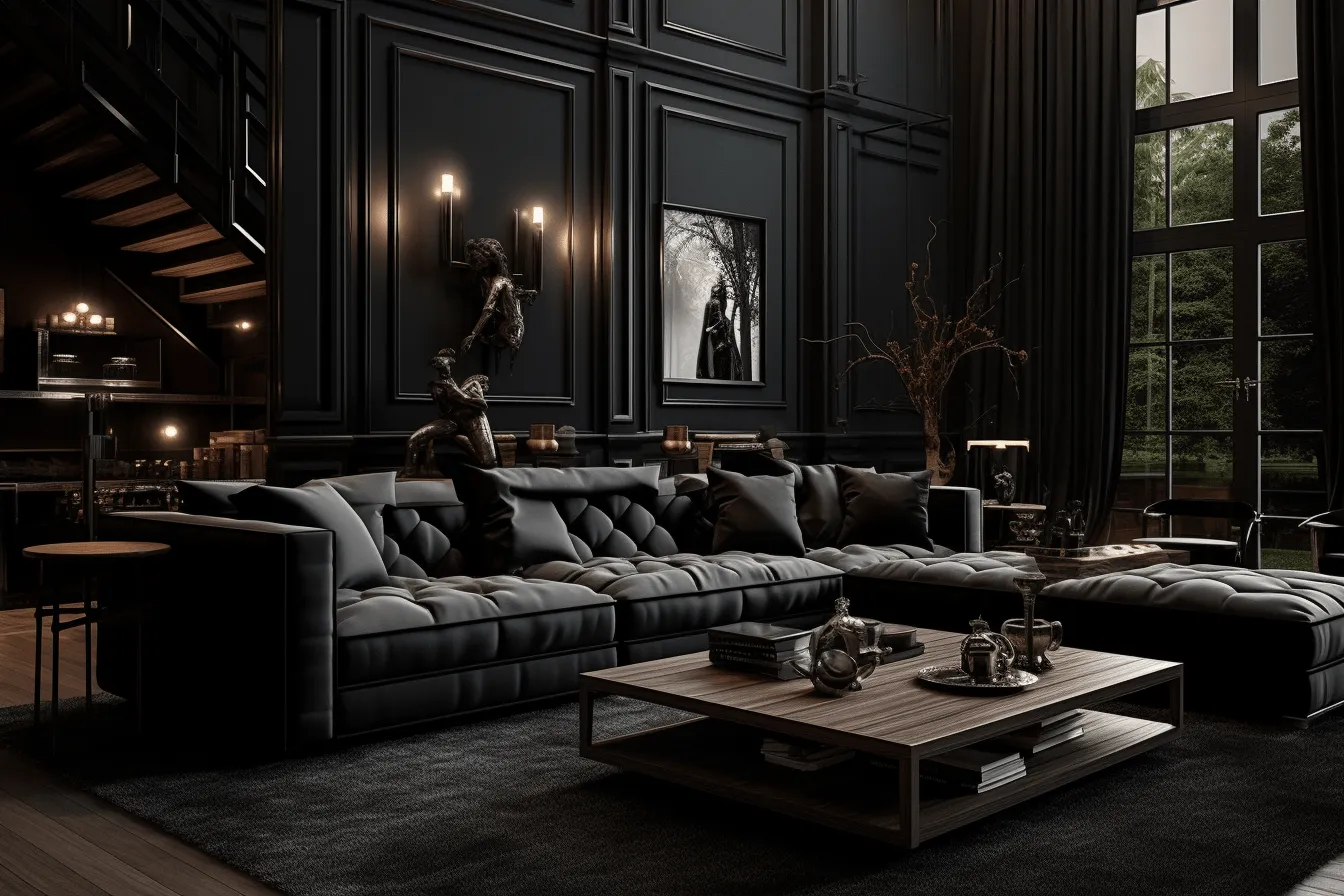 Black ceilings dominate a large living room with lots of sofas and chairs, hyperrealistic sculptures, dark romantic, dark, moody landscapes, ultra detailed, monochromatic, baroque