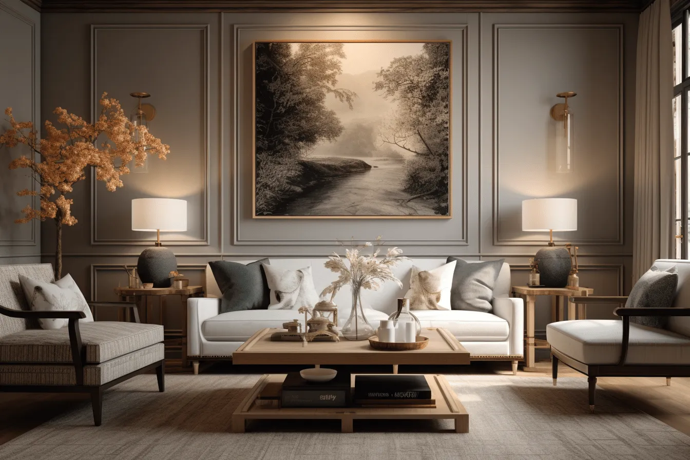 Elegant living room with furniture in neutral tones and a painting, realistic landscapes with soft edges, monochromatic serenity, enchanting lighting, neoclassical clarity, nature-inspired imagery, gray and brown, sabattier filter