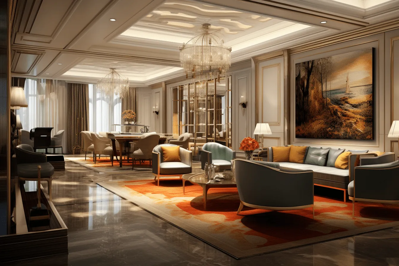 Elegant looking living room with furniture and a large chandelier, vray tracing, light gold and orange, precisionist lines, timeless artistry, rich and immersive, hard-edged, light amber and cyan