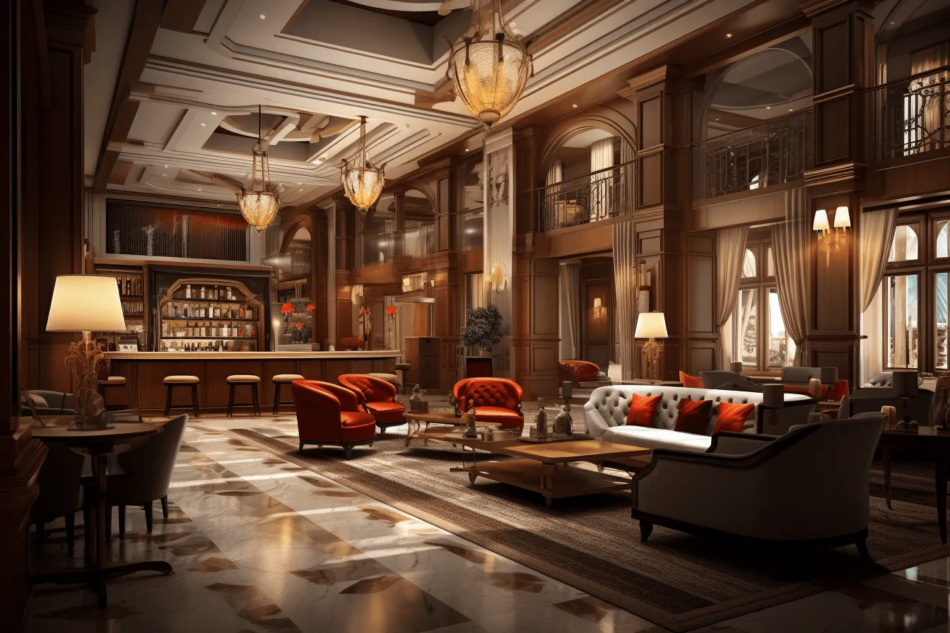 3d rendering of a classically elegant apartment, crimson and bronze, dark white and orange, new york city scenes, elegant, emotive faces, majestic ports, atmospheric ambience, hurufiyya