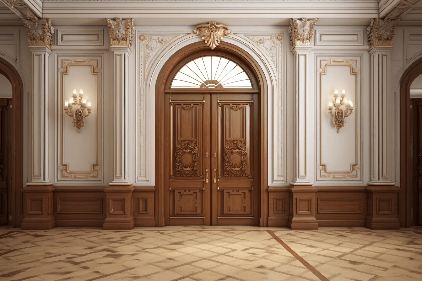 Elegant, ornate, room with elegant doors, light brown and white, realistic lighting, wood sculptor, historical reproductions, octane render, rounded, historical