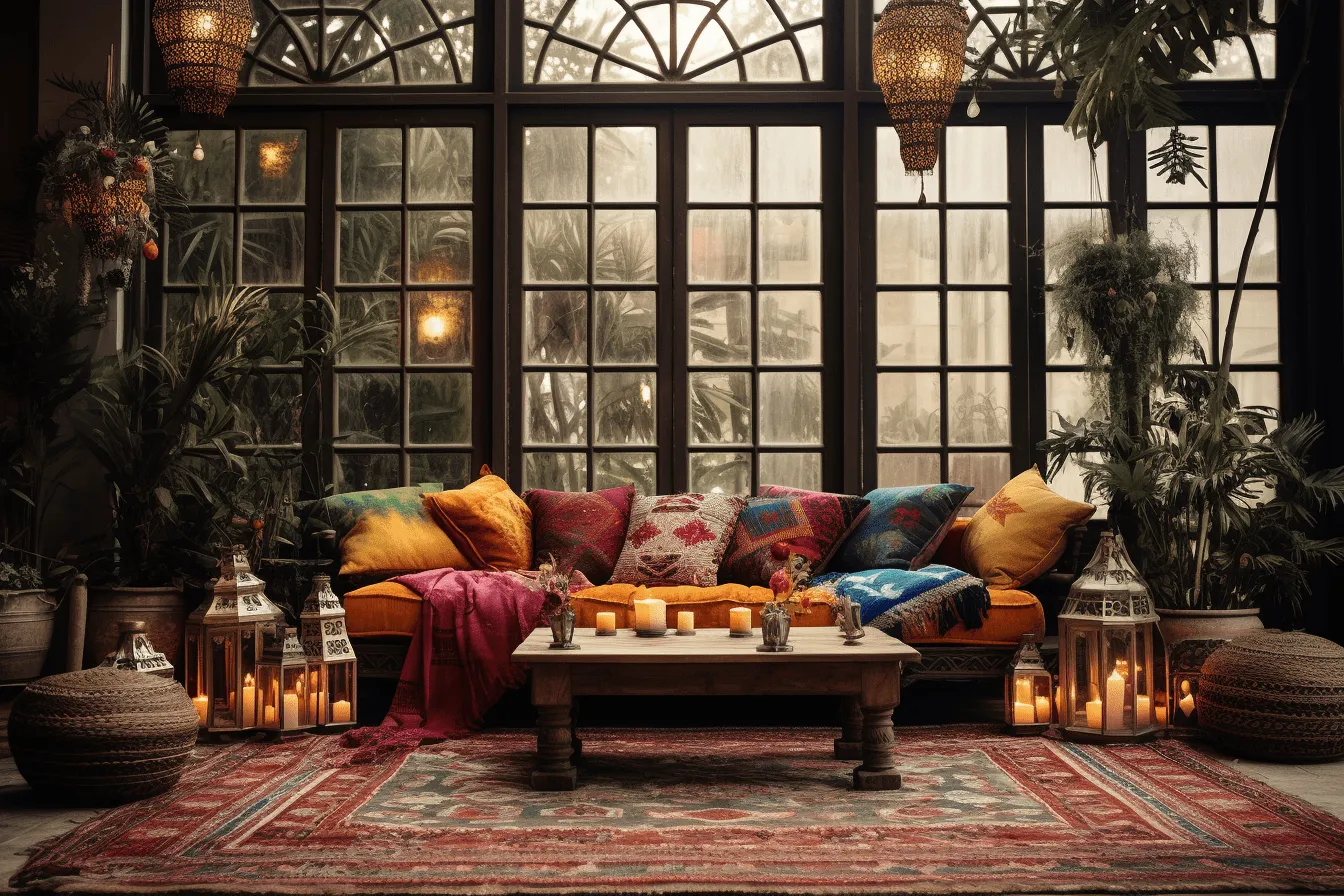 Beautiful room with colorful lights, colorful pillows and a couch, orientalist landscapes, crimson and amber, rustic charm, victorian era, nature inspired, vivid color palette, installation creator