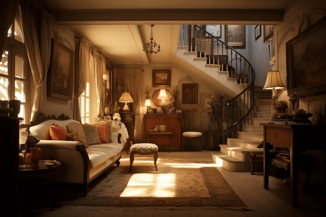 Elegant room in an old house, realistic images, dark bronze and light amber, charming, idyllic rural scenes, cryengine, atmospheric lighting, precise craftsmanship, 32k uhd