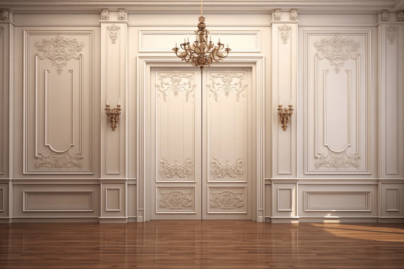 Ornately painted room with large doors, realistic, detailed rendering, white, luxurious textures, panel composition mastery, harsh lighting, vintage elegance, dark white and light beige