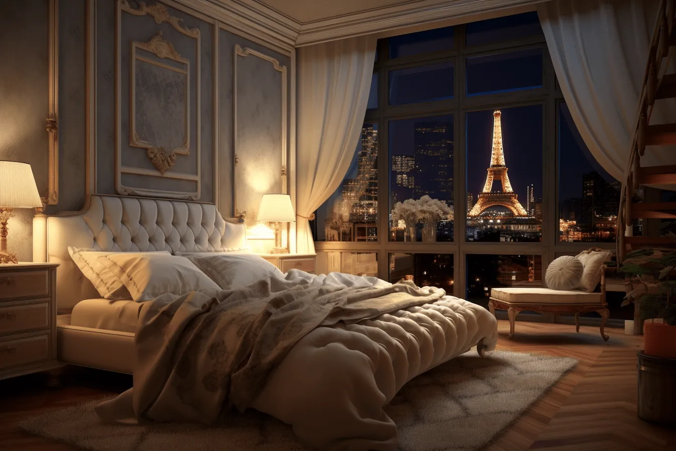 Large bed in a paris bedroom showing the city skyline, daz3d, baroque-inspired lighting, 32k uhd, vray tracing, realistic yet romantic, realistic and hyper-detailed renderings, uhd image