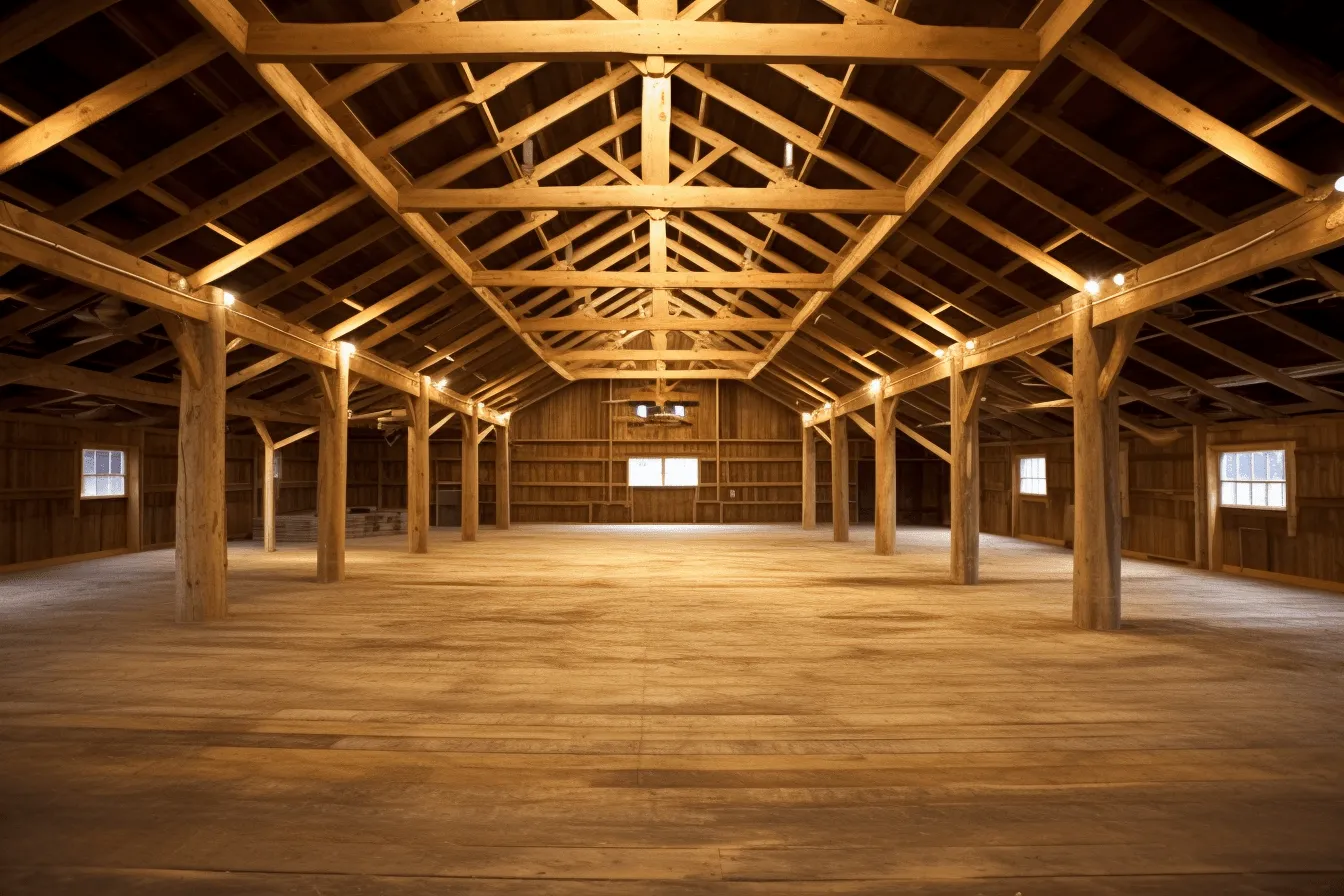 Empty barn with wooden beams and lights, expert draftsmanship, dark gold and light beige, varying wood grains, precisionist lines, flickr, structuralist design, bold structural designs