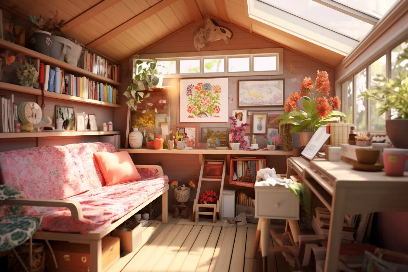 Pink piano and pink chair in a room in a house, realistic and hyper-detailed renderings, outdoor scenes, bibliopunk, light brown and orange, charming anime characters, detailed botanical studies, vray