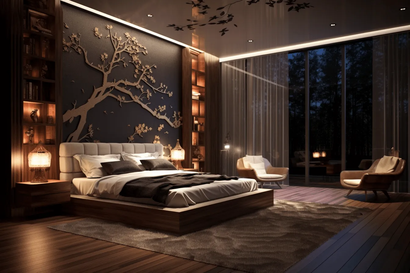 Fancy bedroom with dark wood walls, vray tracing, nature-inspired motifs, uhd image, dreamy atmosphere, sculpted, dark gray and light gold, cherry blossoms