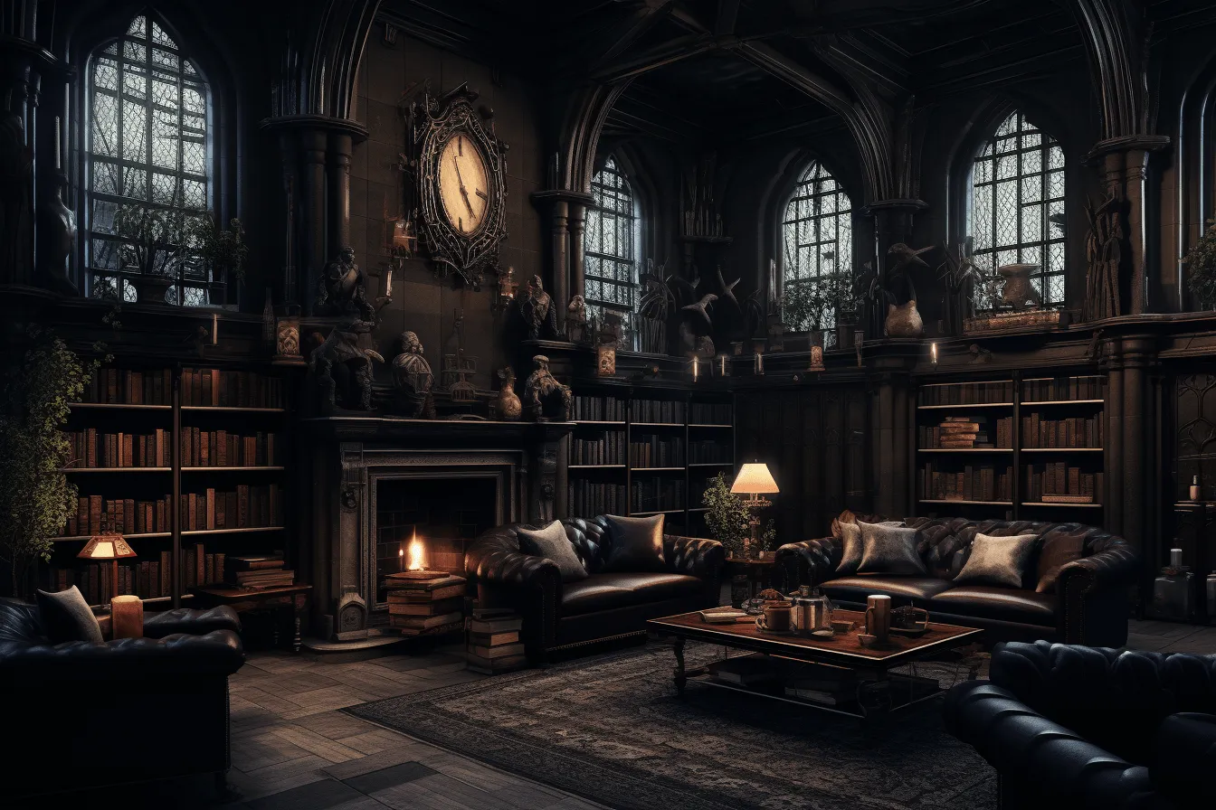 Fancy library with furniture that has fireplace and bookshelves, gothic dark and moody, cryengine, sculpted, darkest academia, dark gray, cinematic sets, aetherclockpunk