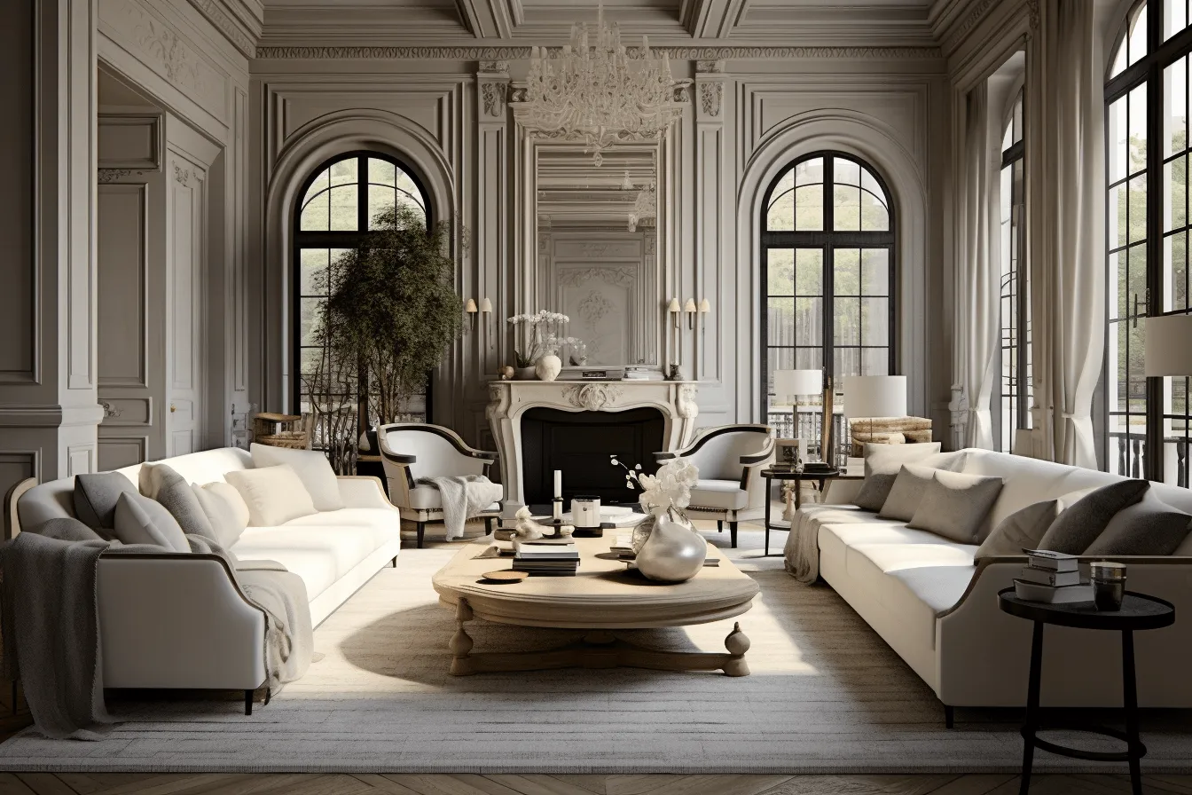 Large modern living room in white with large windows, ornate details, hyperrealistic details, vignettes of paris, arched doorways, light gold and dark black, sculpted, iconic