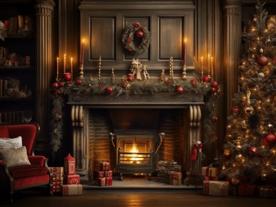 Fireplace Filled With Presents, Books And Ornaments In Beautiful Christmas Theme Decor