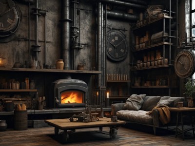 Fireplace In A Steampunk Room