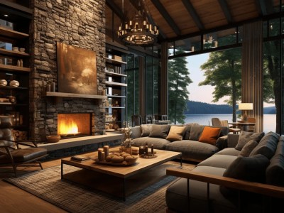 Fireplace Living Room With Lake View