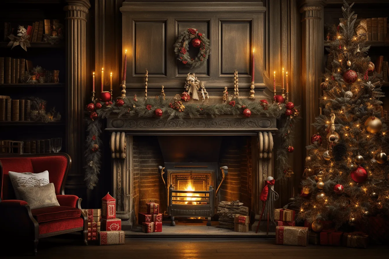 Christmas fireplace and candle on the wall and wooden couch, vibrant stage backdrops, dark gold and red, victorian, zbrush, red and gray, xmaspunk, 17th century