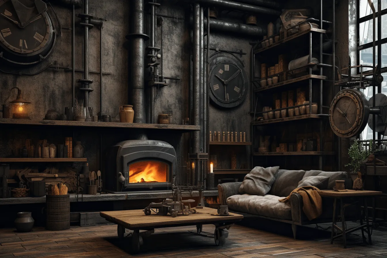 Fireplace in a steampunk room, dark gray, rustic scenes, hyper-realistic urban, industrial and product design, primitivist elements, warmcore, authentic details