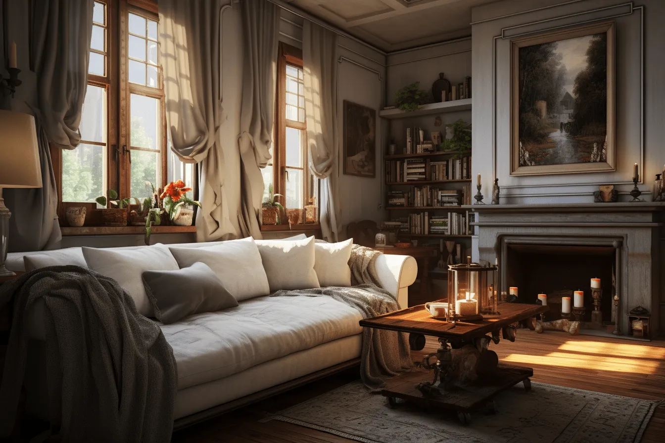 Old fireplace in the room, vray tracing, romantic atmosphere, soft atmospheric scenes, daz3d, richly layered, warm tones, rendered in unreal engine