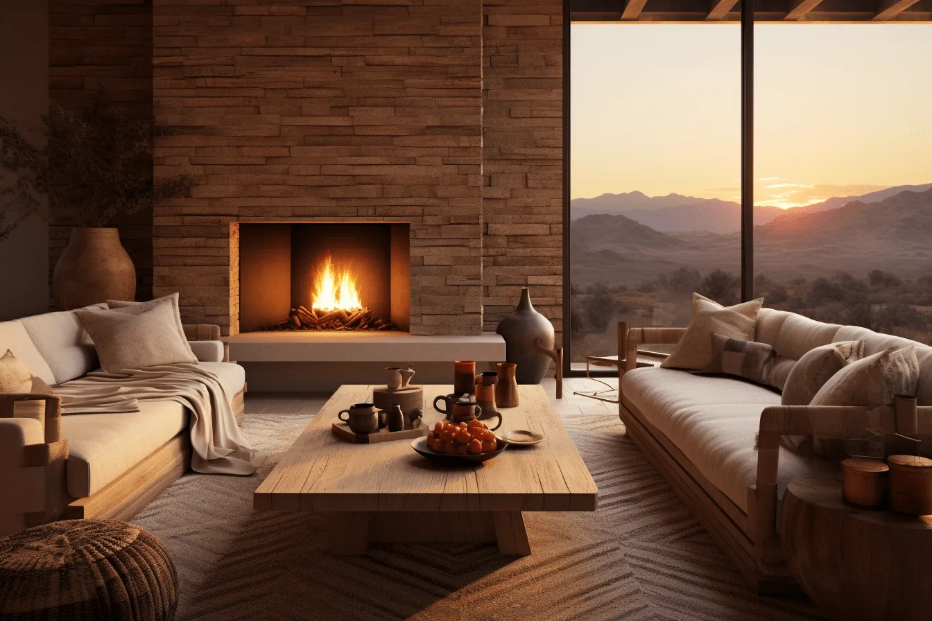 Fireplace living room with sofa and coffee table, hazy landscapes, warm color palette, mountainous vistas, layered and textured surfaces, natural symbolism, natural simplicity, wood
