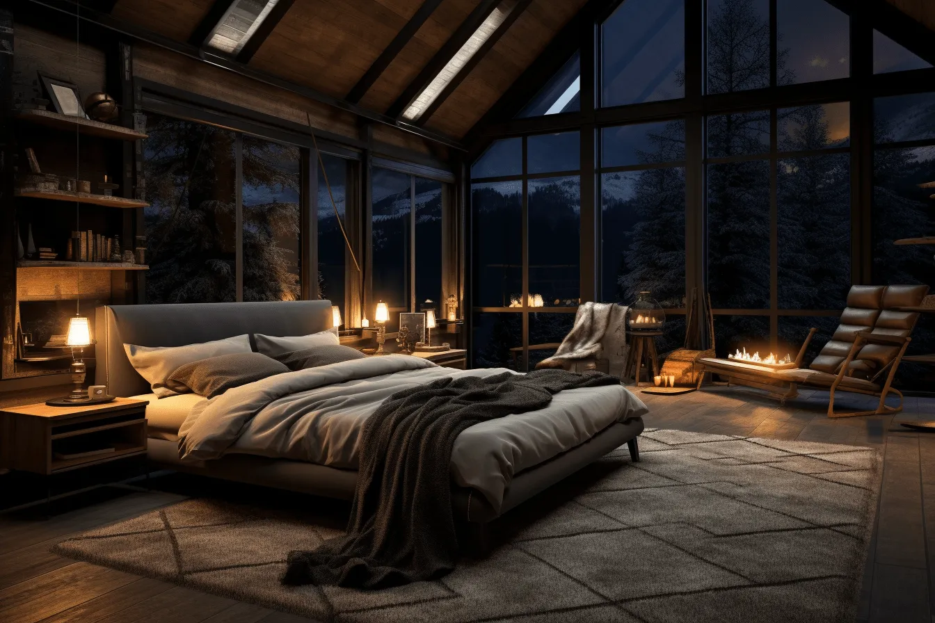 Fireplace near the bed, dark, foreboding landscapes, naturalistic settings, light-filled landscapes, unreal engine 5, cabincore, romantic atmosphere, mountainous vistas