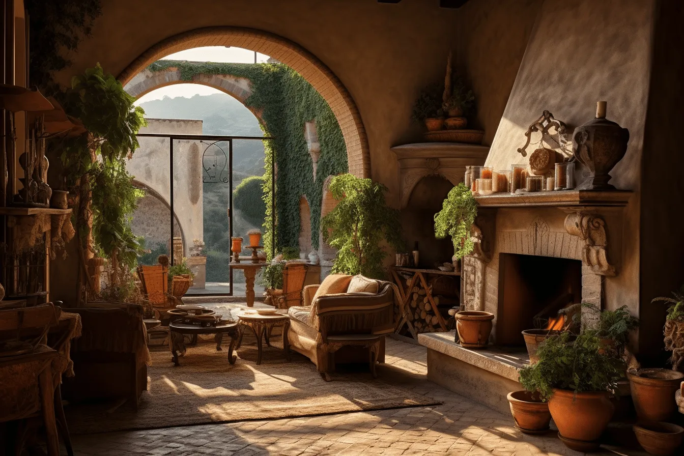 Large room with two sofas, a chair, a fireplace, two large windows, mediterranean landscapes, daz3d, arched doorways, outdoor scenes, italian landscapes, ray tracing, terracotta